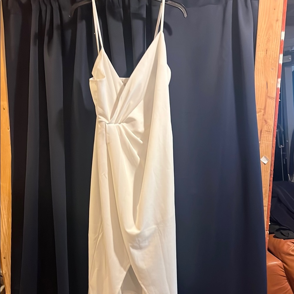 White Ruched Midi Slip Dress with Plunge Neckline